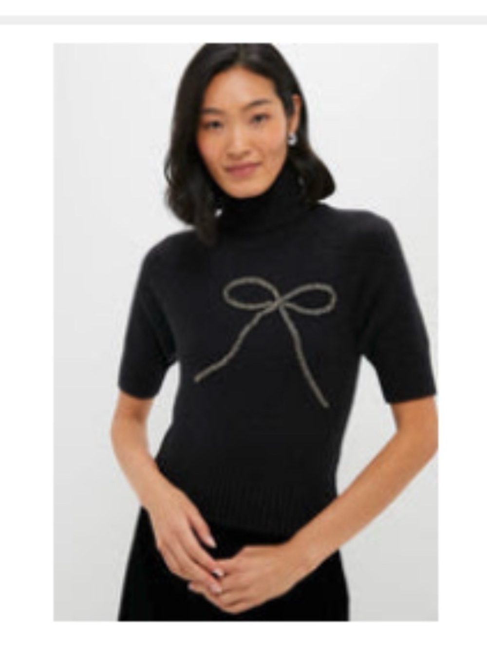 En Saison Black Short-Sleeve Turtleneck Sweater with Bow Accent